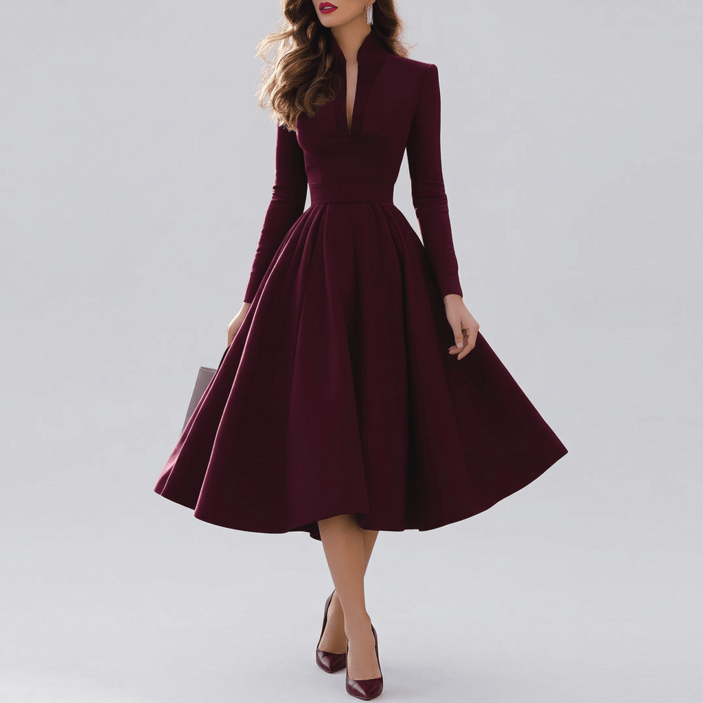 Paulette | Women's Long Sleeve Pleated V-Neck Midi Dress