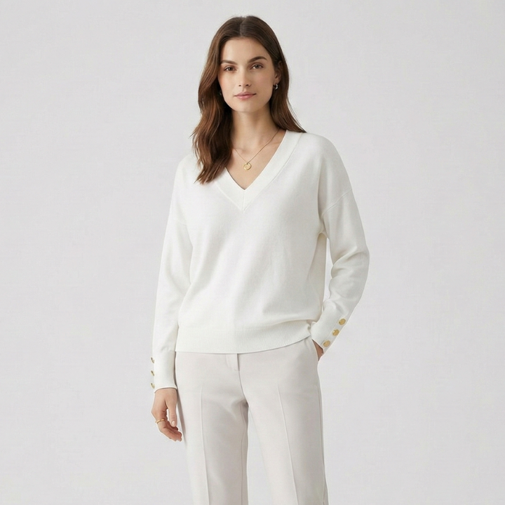 Stacie | Women's Relaxed V-Neck Button-Cuff Jumper