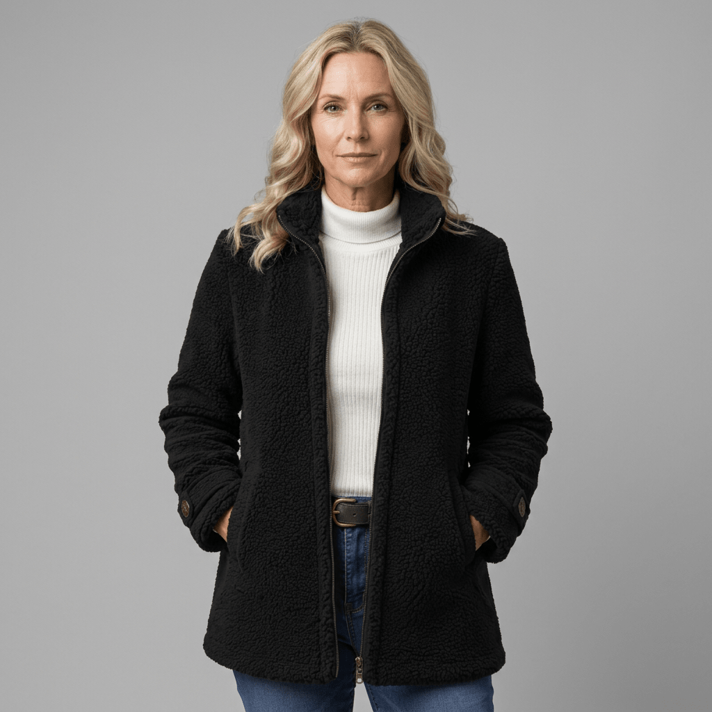 Black fleece jacket, studio view