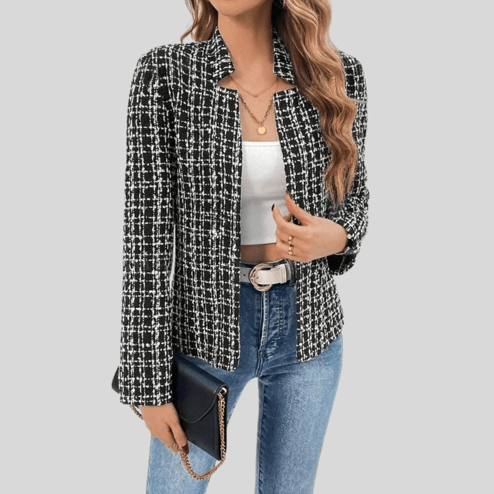 Evelyn | Women's Checkered Tweed Open Front Blazer