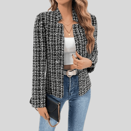 Evelyn | Women's Checkered Tweed Open Front Blazer