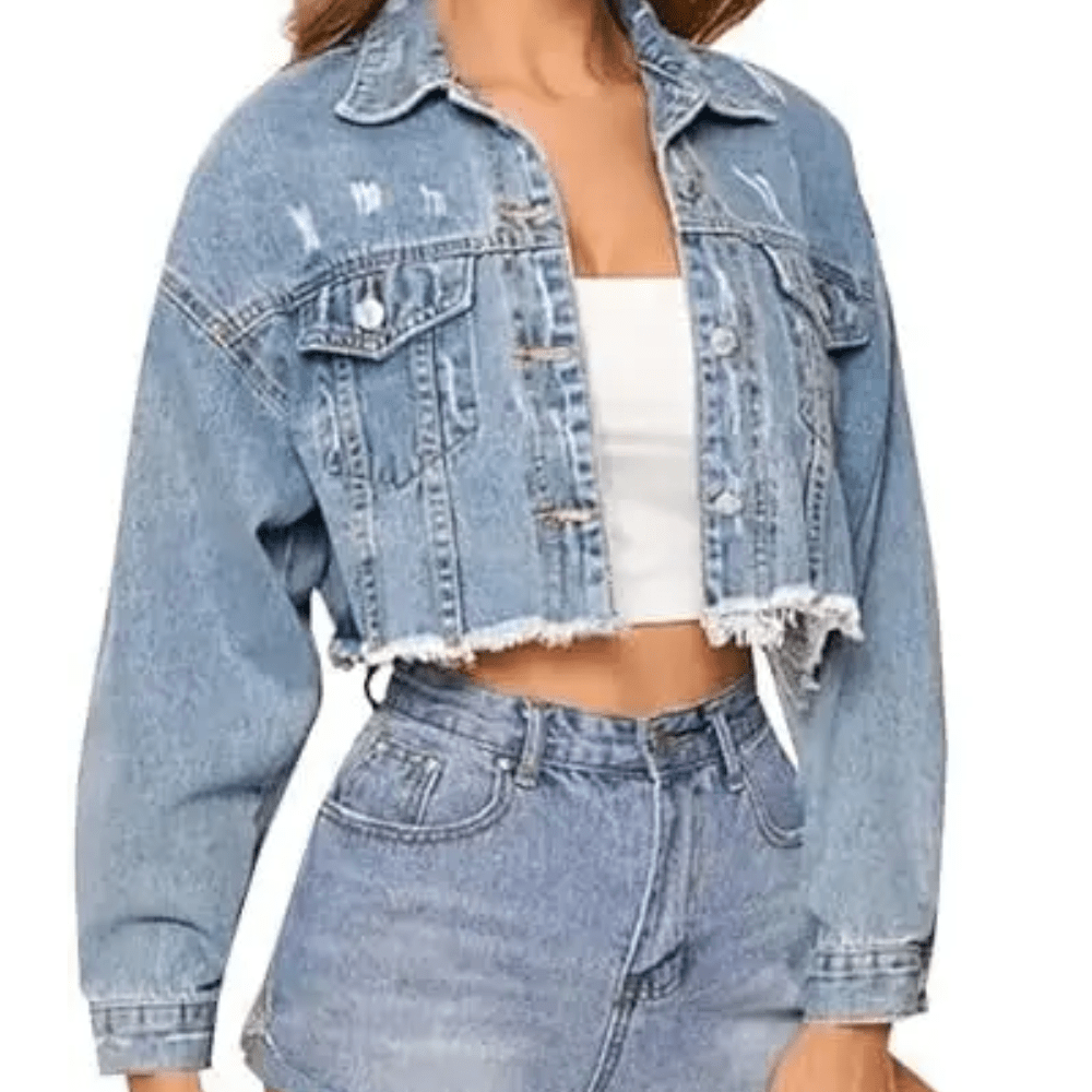 Stacy | Women's Cropped Distressed Button-Down Jacket
