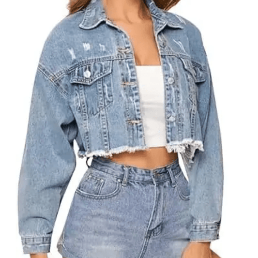Stacy | Women's Cropped Distressed Button-Down Jacket