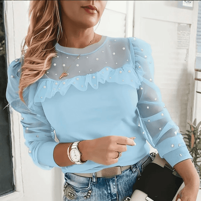 Jillian | Damenoberteil mit Perlen, langen Ärmeln und eisblauer Farbe