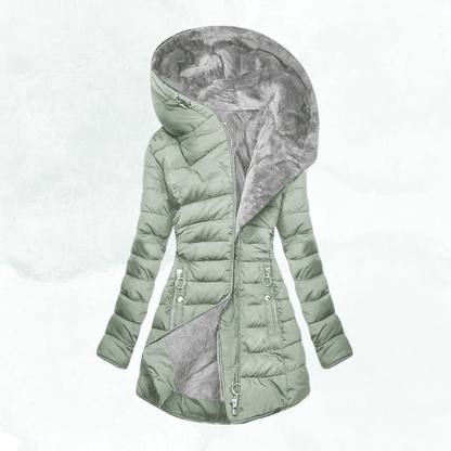 Mandy | Damen-Wintermantel mit Kapuze, langem Schnitt und Steppung