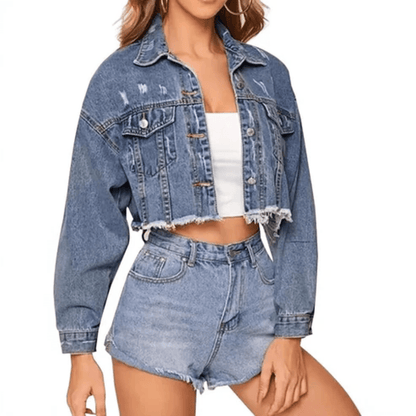 Stacy | Women's Cropped Distressed Button-Down Jacket