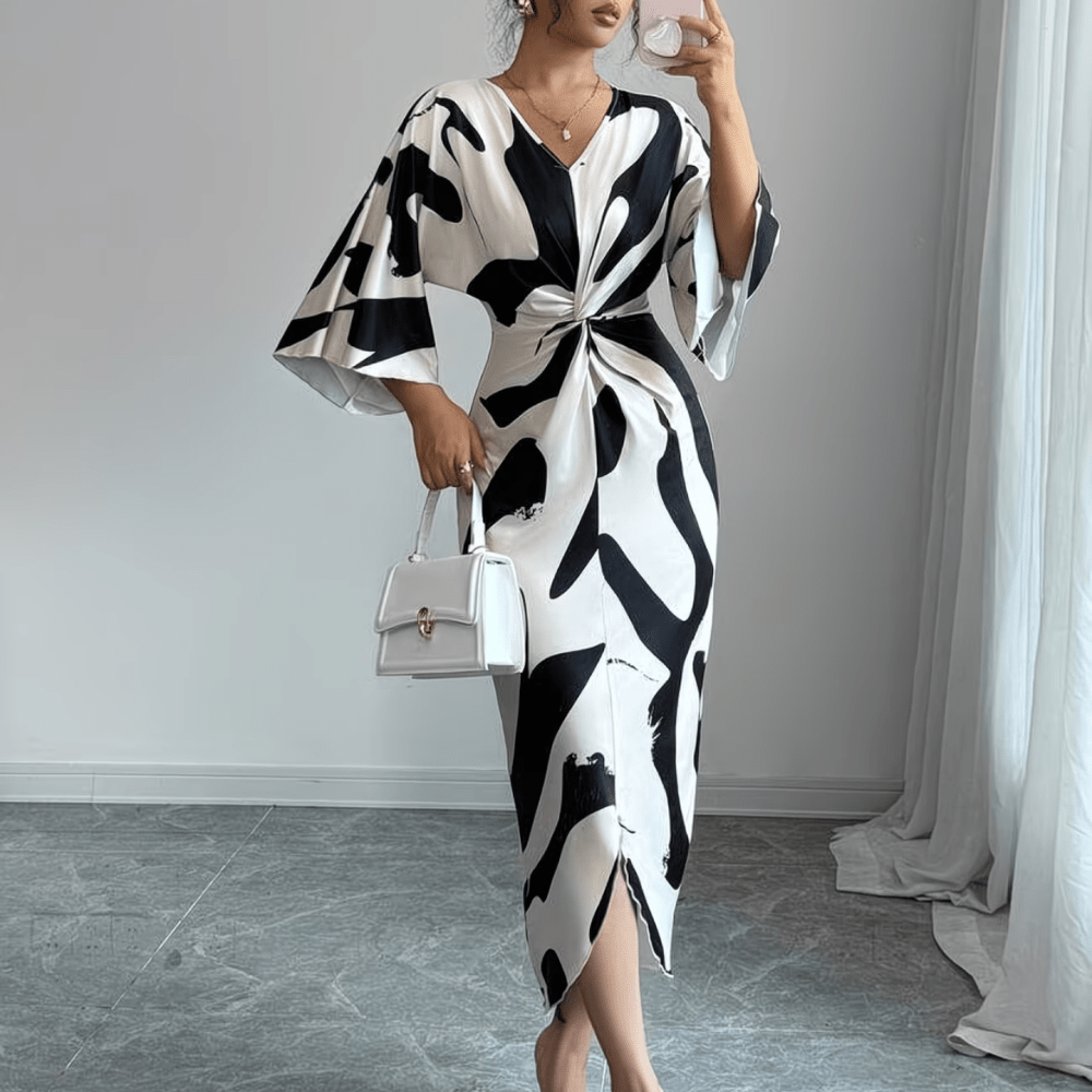 Debra | Women's Abstract Print Twist Waist Midi Dress