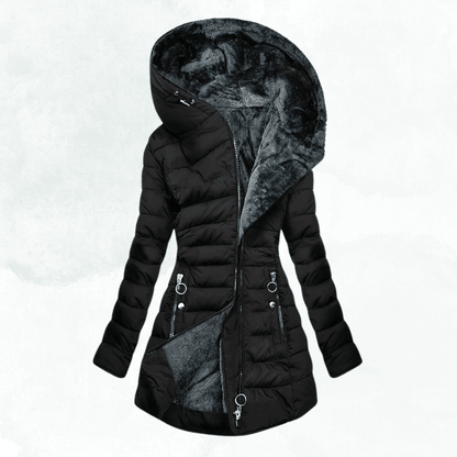 Mandy | Damen-Wintermantel mit Kapuze, langem Schnitt und Steppung