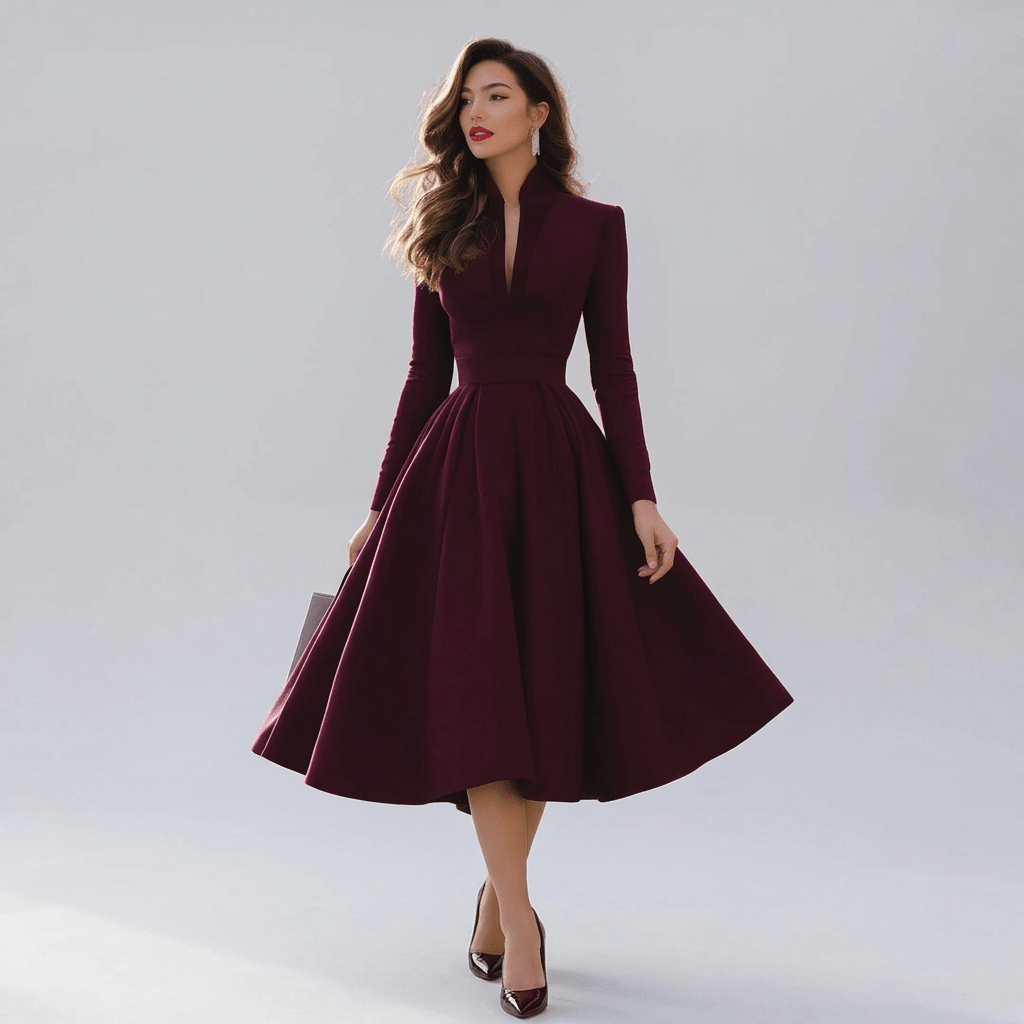 Paulette | Women's Long Sleeve Pleated V-Neck Midi Dress