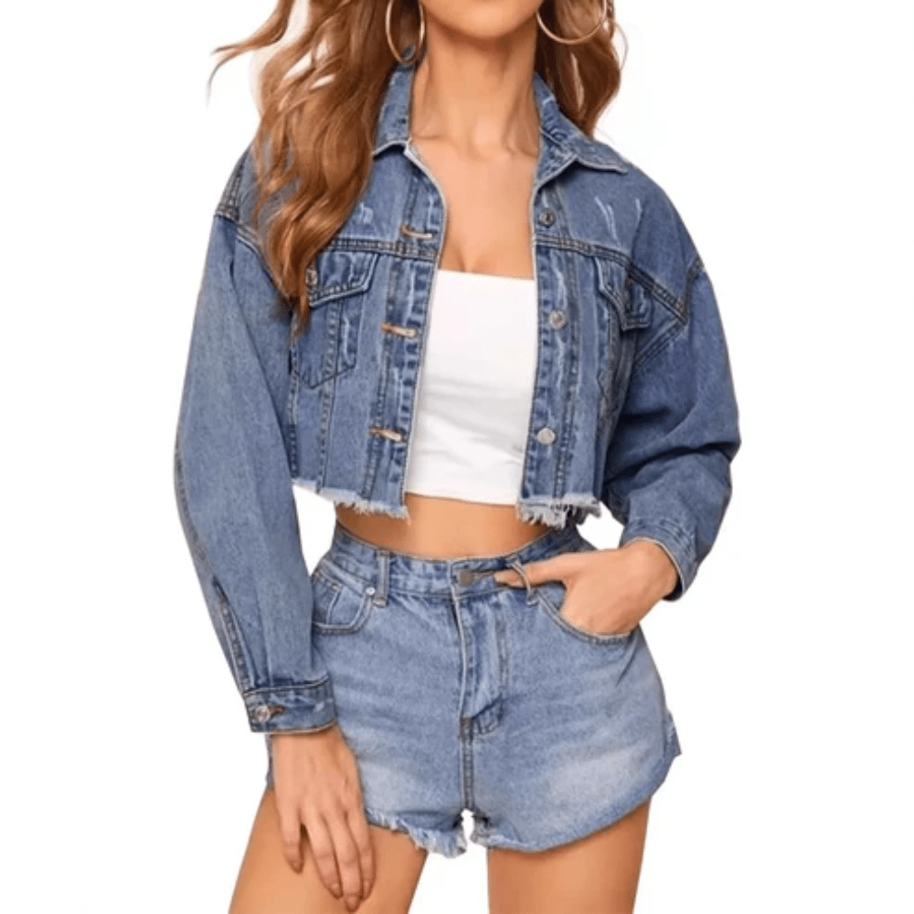 Stacy | Women's Cropped Distressed Button-Down Jacket