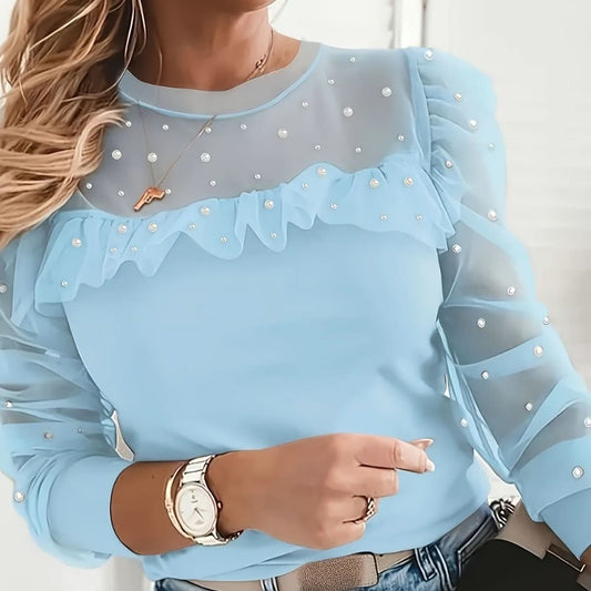 Jillian | Women's Icy Blue Beaded Long Sleeve Top