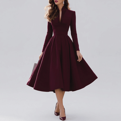 Paulette | Women's Long Sleeve Pleated V-Neck Midi Dress