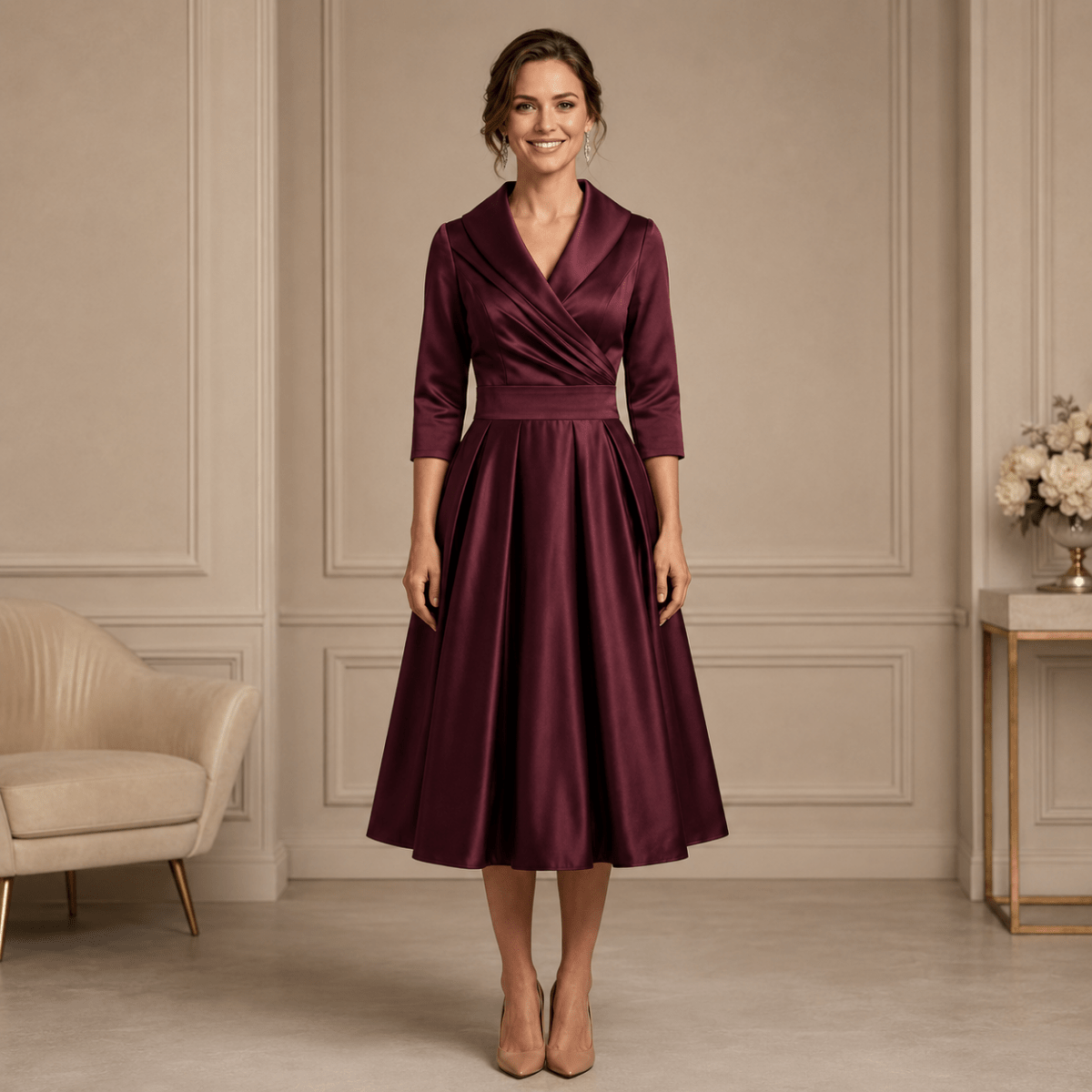 Juliana | Women's Long Sleeve Wrap Neck Pleated Midi Dress