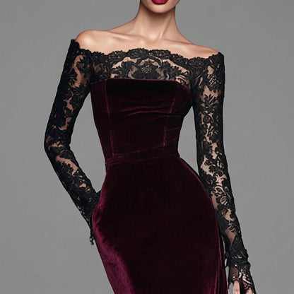 Kennedi | Vestido largo de terciopelo para invierno con mangas de encaje para mujer