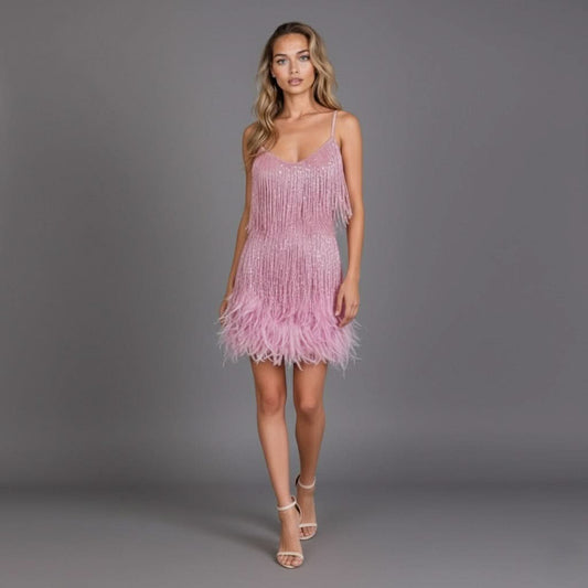 Elena | Women's Fringe Feather Mini Cocktail Dress