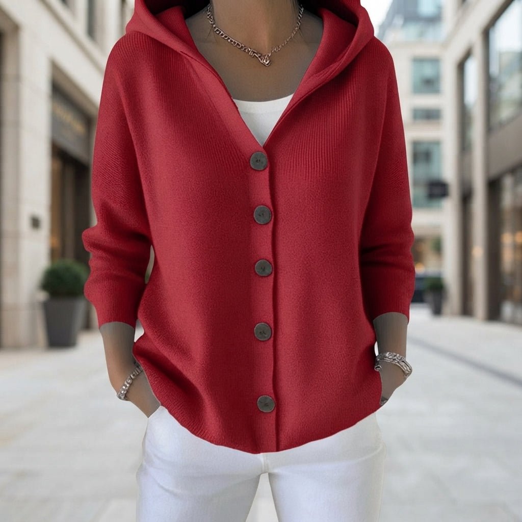 Maureen | Damen-Strickjacke mit Kapuze und Knopfleiste