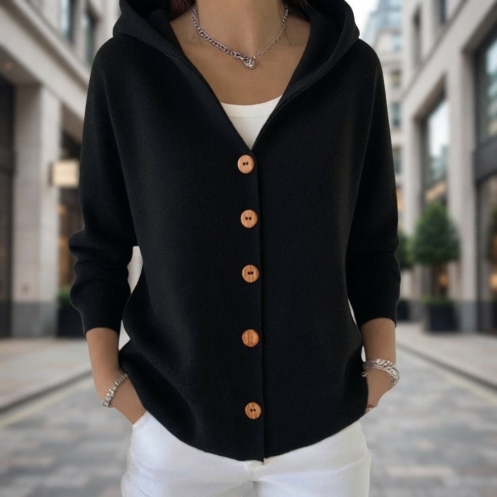 Maureen | Damen-Strickjacke mit Kapuze und Knopfleiste