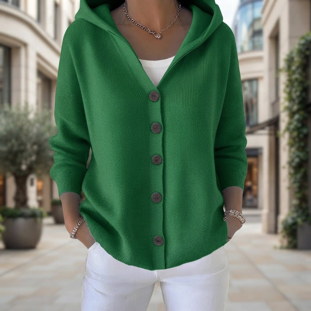 Maureen | Damen-Strickjacke mit Kapuze und Knopfleiste