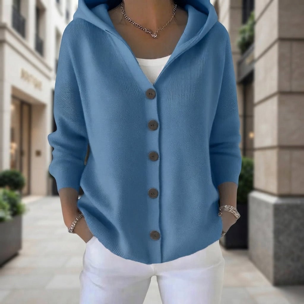 Maureen | Damen-Strickjacke mit Kapuze und Knopfleiste