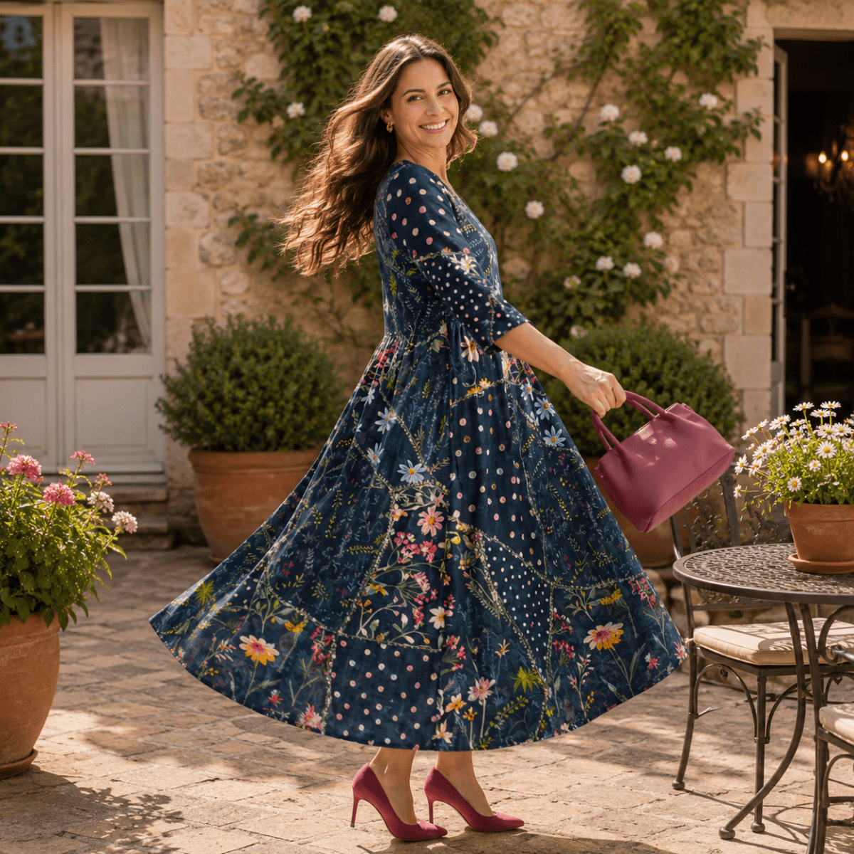 Nadia | Vestido midi floral fruncido de manga larga para mujer