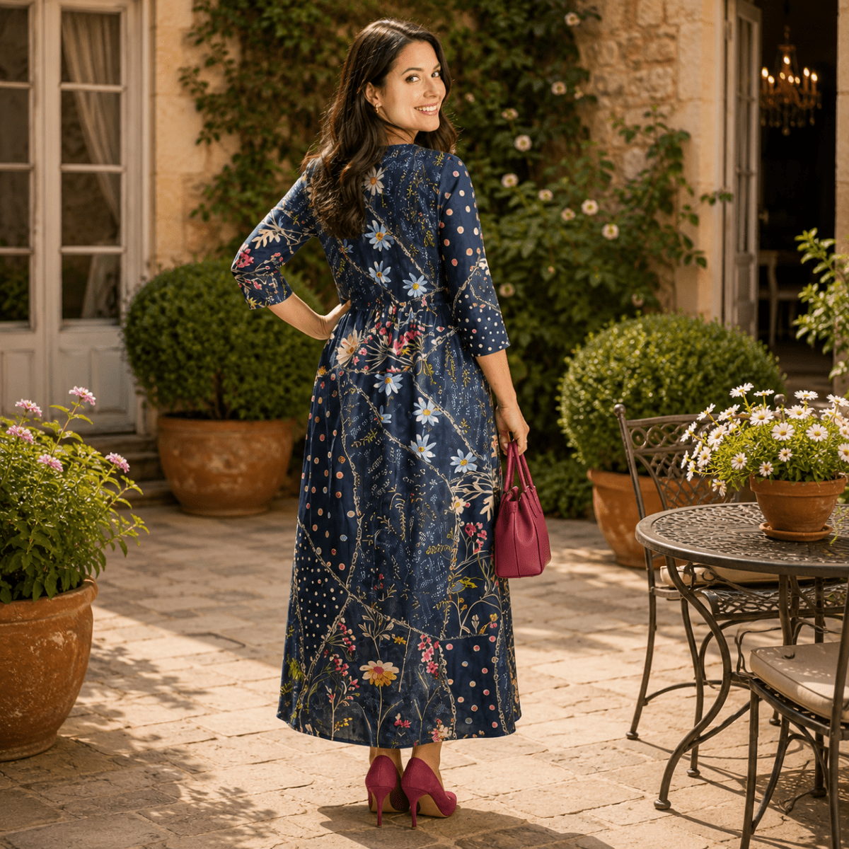 Nadia | Vestido midi floral fruncido de manga larga para mujer