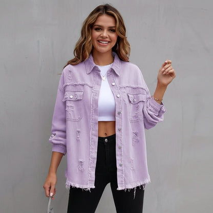 Annie | Kurze violette Damenjacke mit ausgefranstem Saum