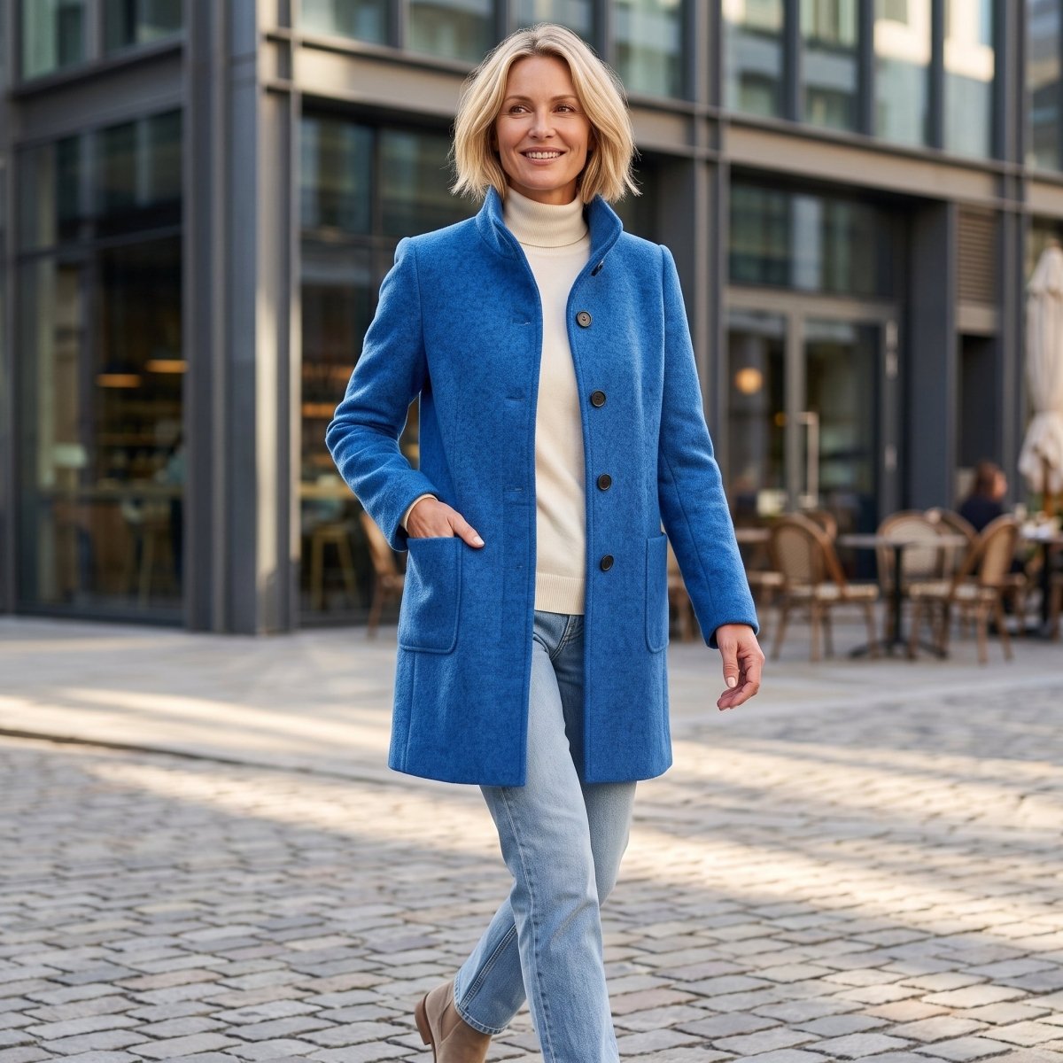 Elisa | Damen-Mantel in Longline-Schnitt mit Knopfleiste und Kragen