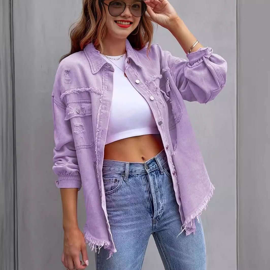 Annie | Kurze violette Damenjacke mit ausgefranstem Saum