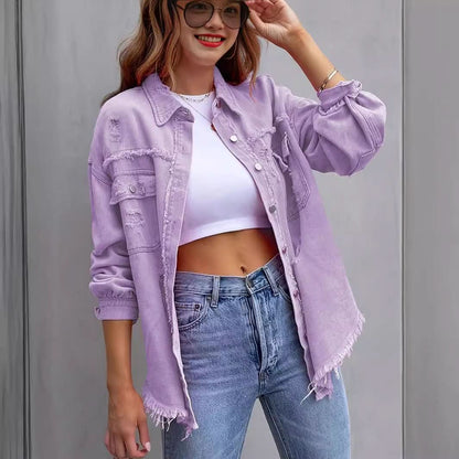 Annie | Kurze violette Damenjacke mit ausgefranstem Saum