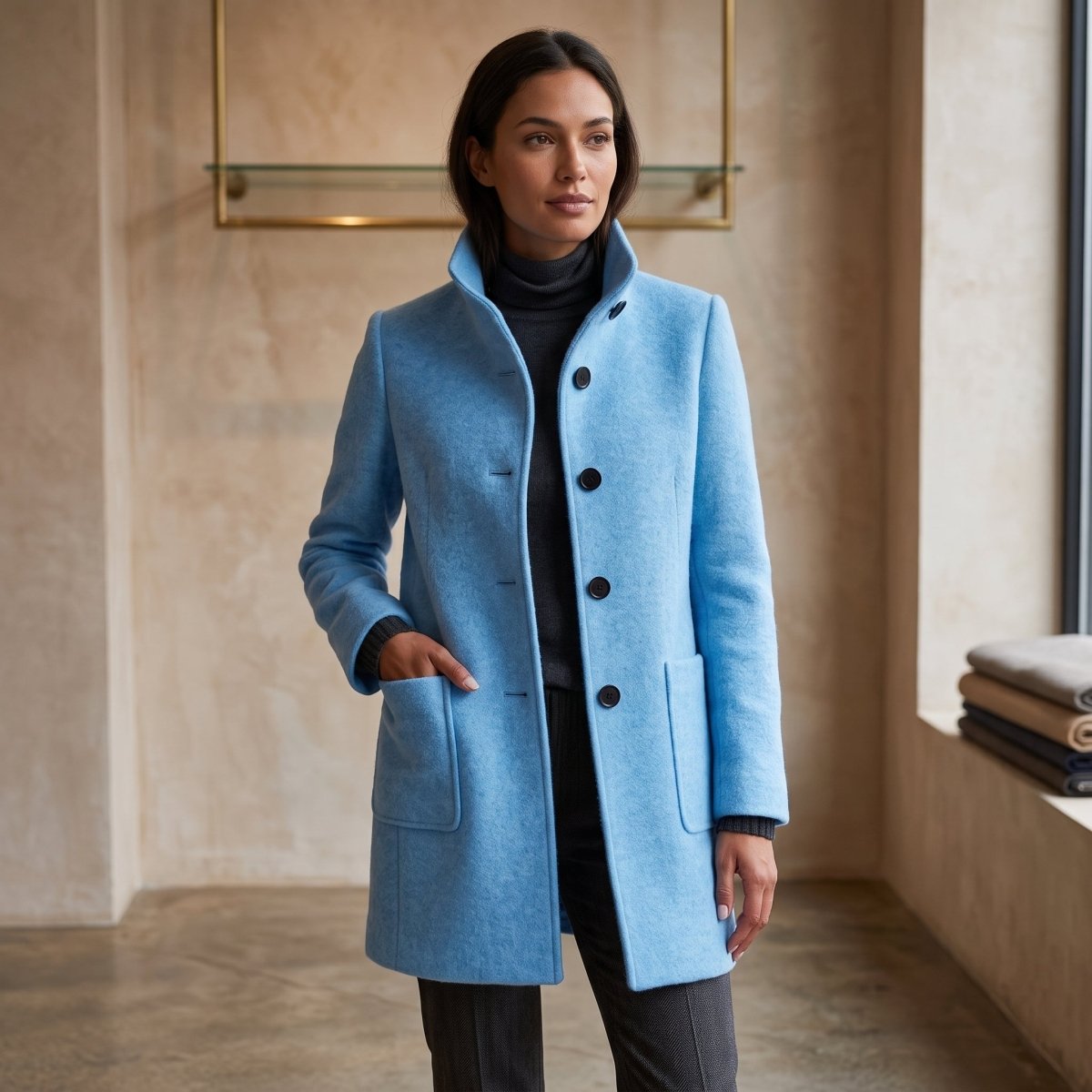 Elisa | Damen-Mantel in Longline-Schnitt mit Knopfleiste und Kragen