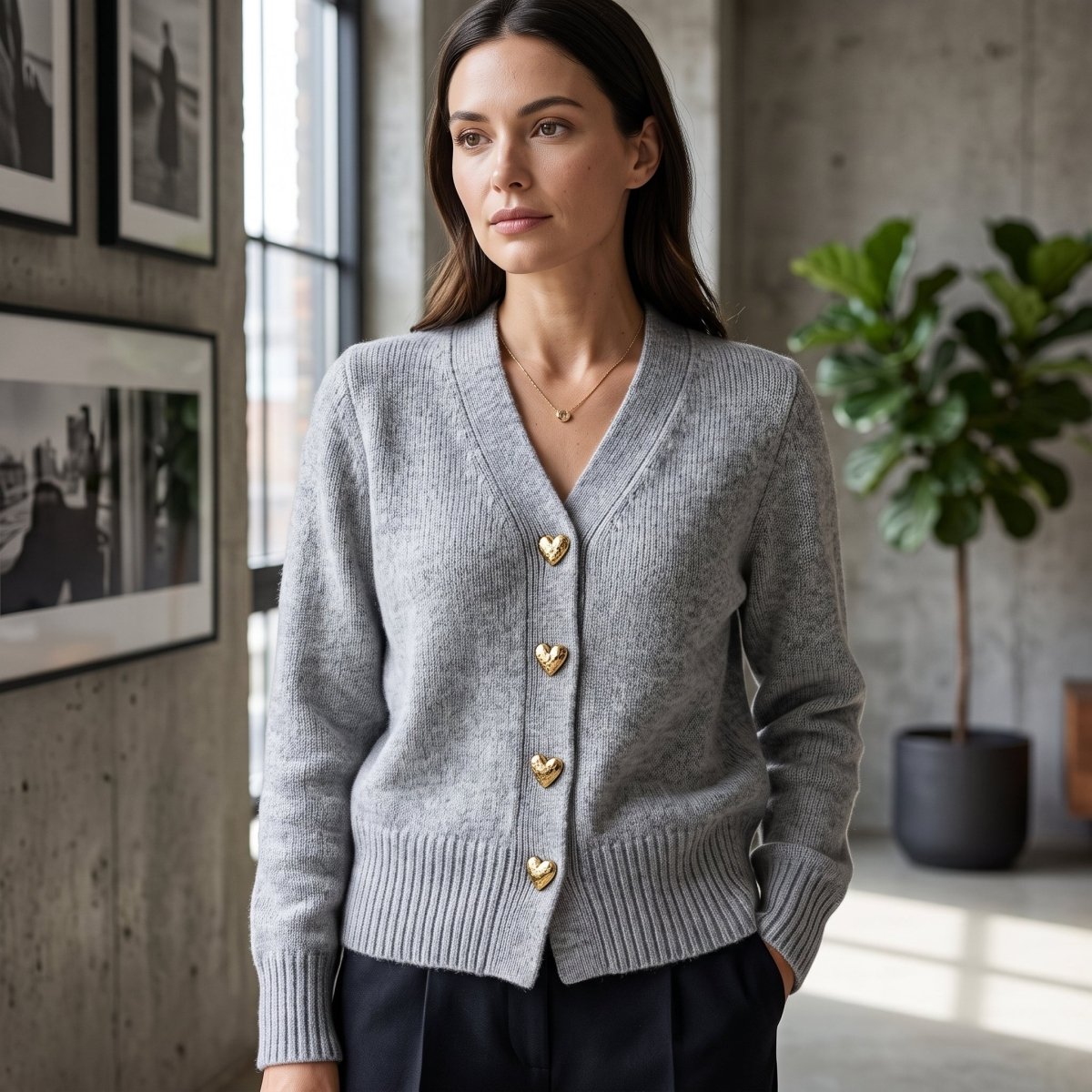 Cardigan mit V-Ausschnitt, Herzknöpfen und gerippten Bündchen