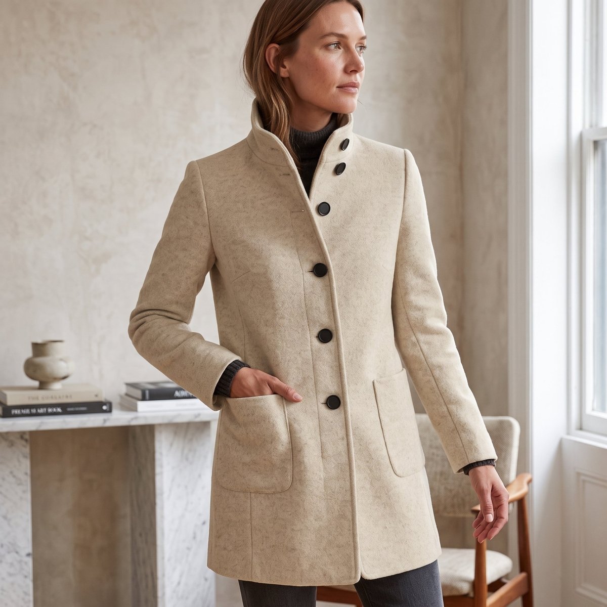 Elisa | Damen-Mantel in Longline-Schnitt mit Knopfleiste und Kragen