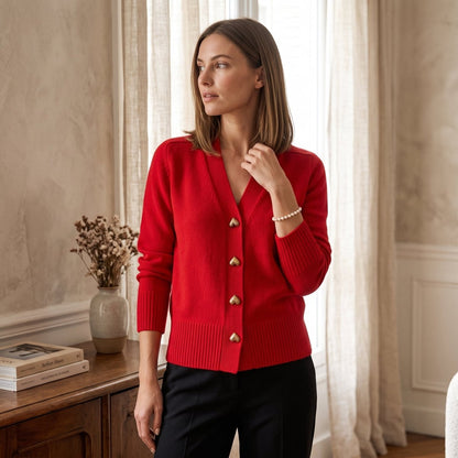 Cardigan mit V-Ausschnitt, Herzknöpfen und gerippten Bündchen