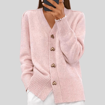 Cardigan mit V-Ausschnitt, Herzknöpfen und gerippten Bündchen
