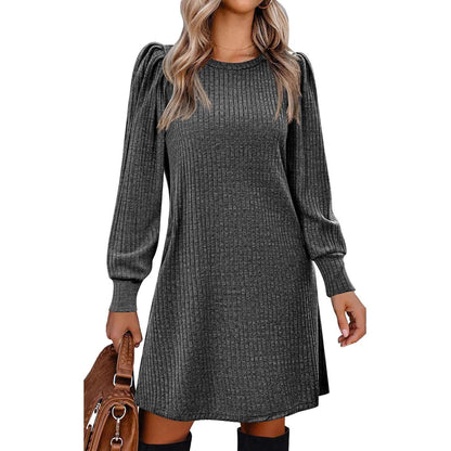 Abigayle | Vestido de punto acanalado con mangas abullonadas para mujer, ideal para el invierno