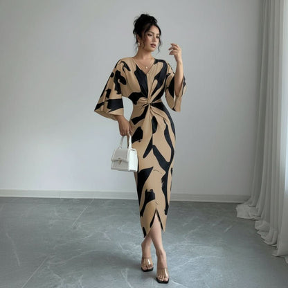 Debra | Women's Abstract Print Twist Waist Midi Dress