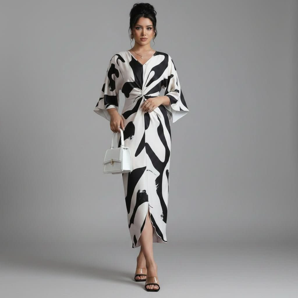 Debra | Women's Abstract Print Twist Waist Midi Dress