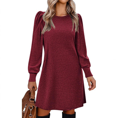 Abigayle | Vestido de punto acanalado con mangas abullonadas para mujer, ideal para el invierno