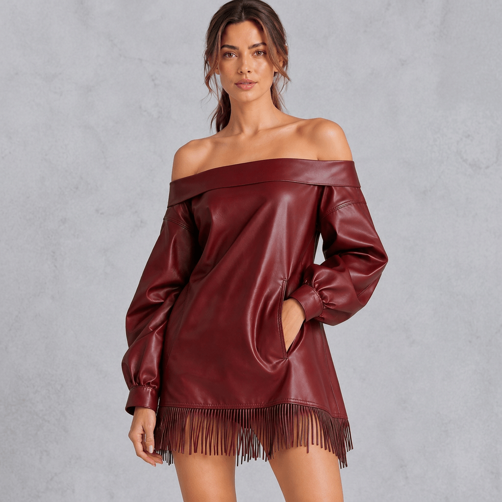Yessenia | Minivestido de invierno de cuero sintético con flecos para mujer