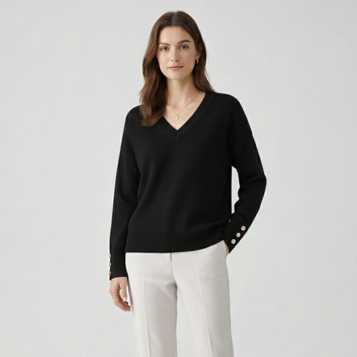Stacie | Women's Relaxed V-Neck Button-Cuff Jumper