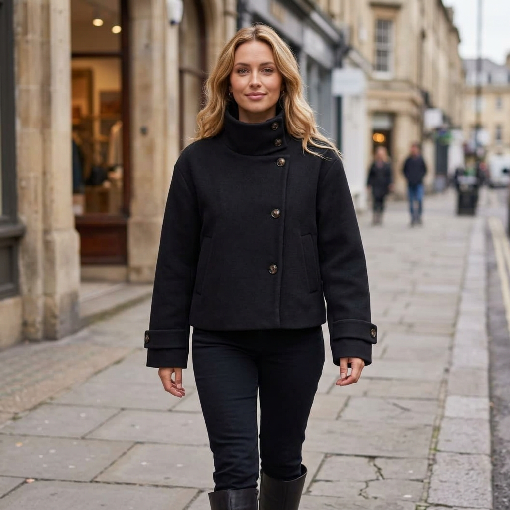Black coat on a city sidewalk