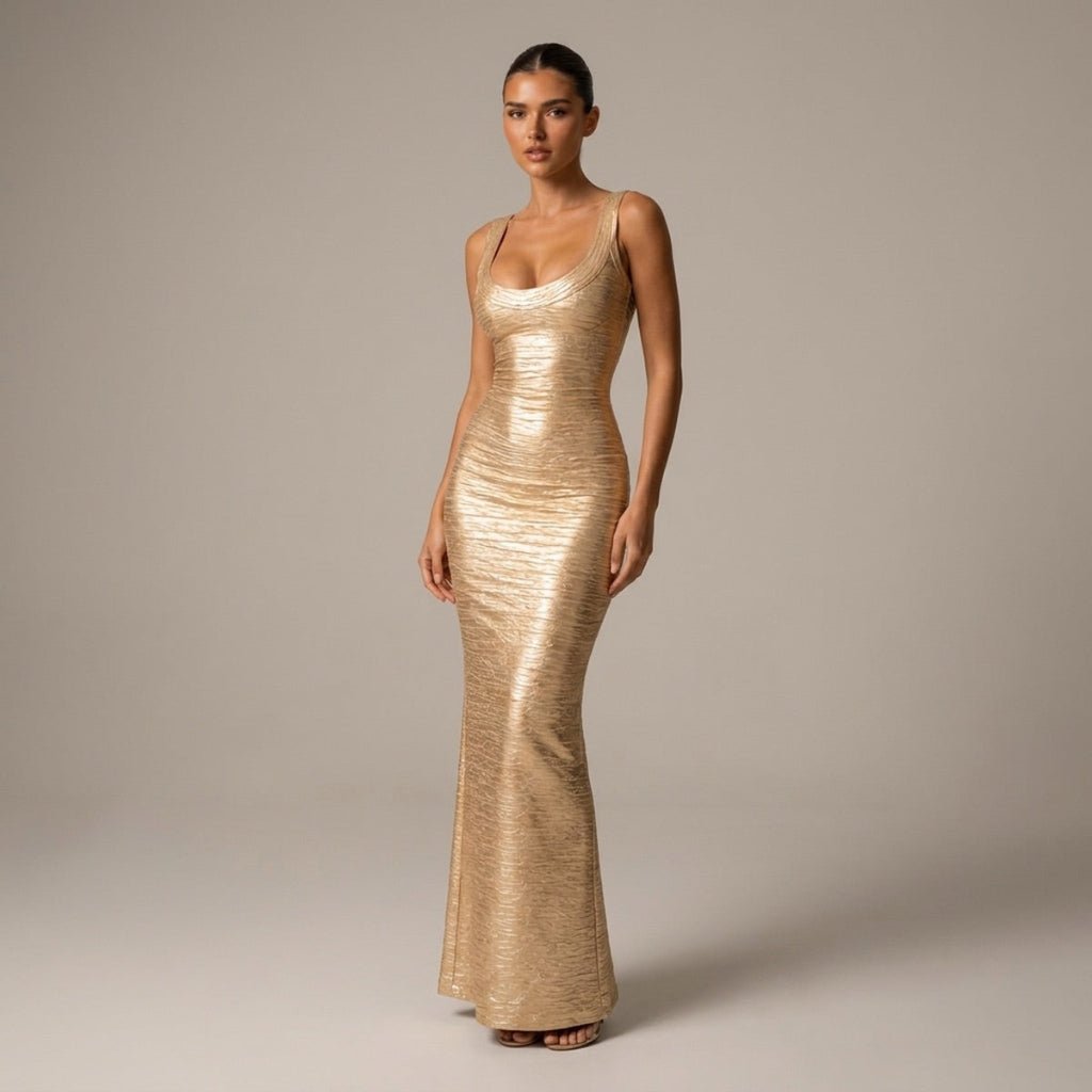 Lilliana | Vestido largo metalizado de escote redondo para mujer