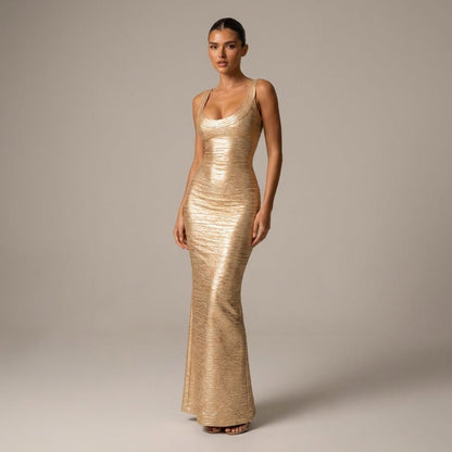 Lilliana | Vestido largo metalizado de escote redondo para mujer