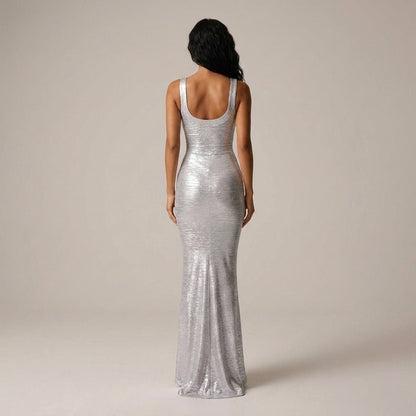 Lilliana | Vestido largo metalizado de escote redondo para mujer