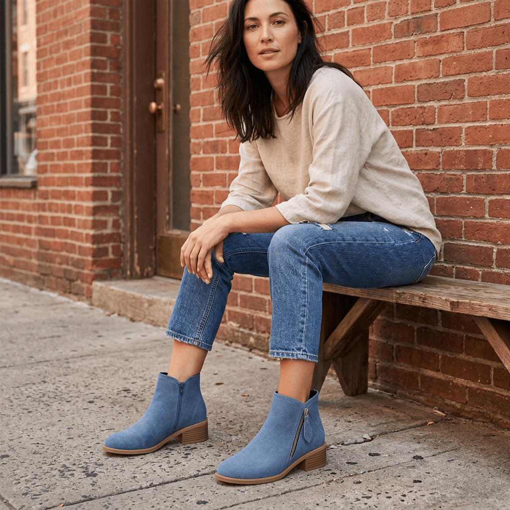 Blue boots sidewalk seated image