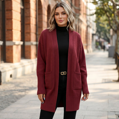 Burgundy cardigan sidewalk image