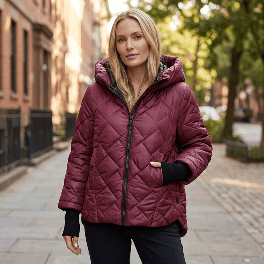 Burgundy jacket zipped sidewalk photo