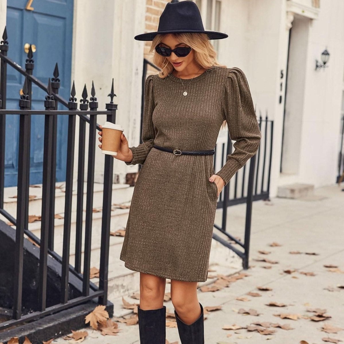 Abigayle | Vestido de punto acanalado con mangas abullonadas para mujer, ideal para el invierno