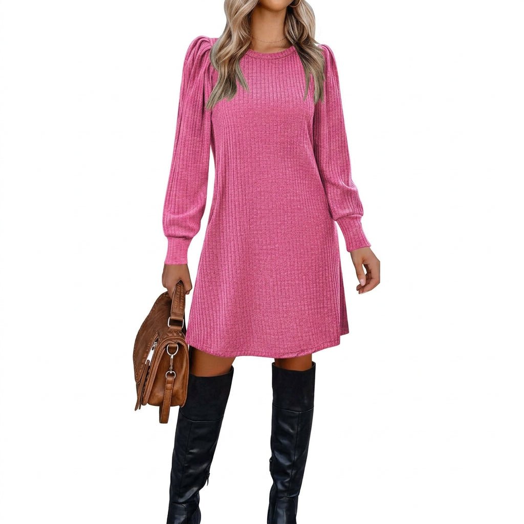 Abigayle | Vestido de punto acanalado con mangas abullonadas para mujer, ideal para el invierno