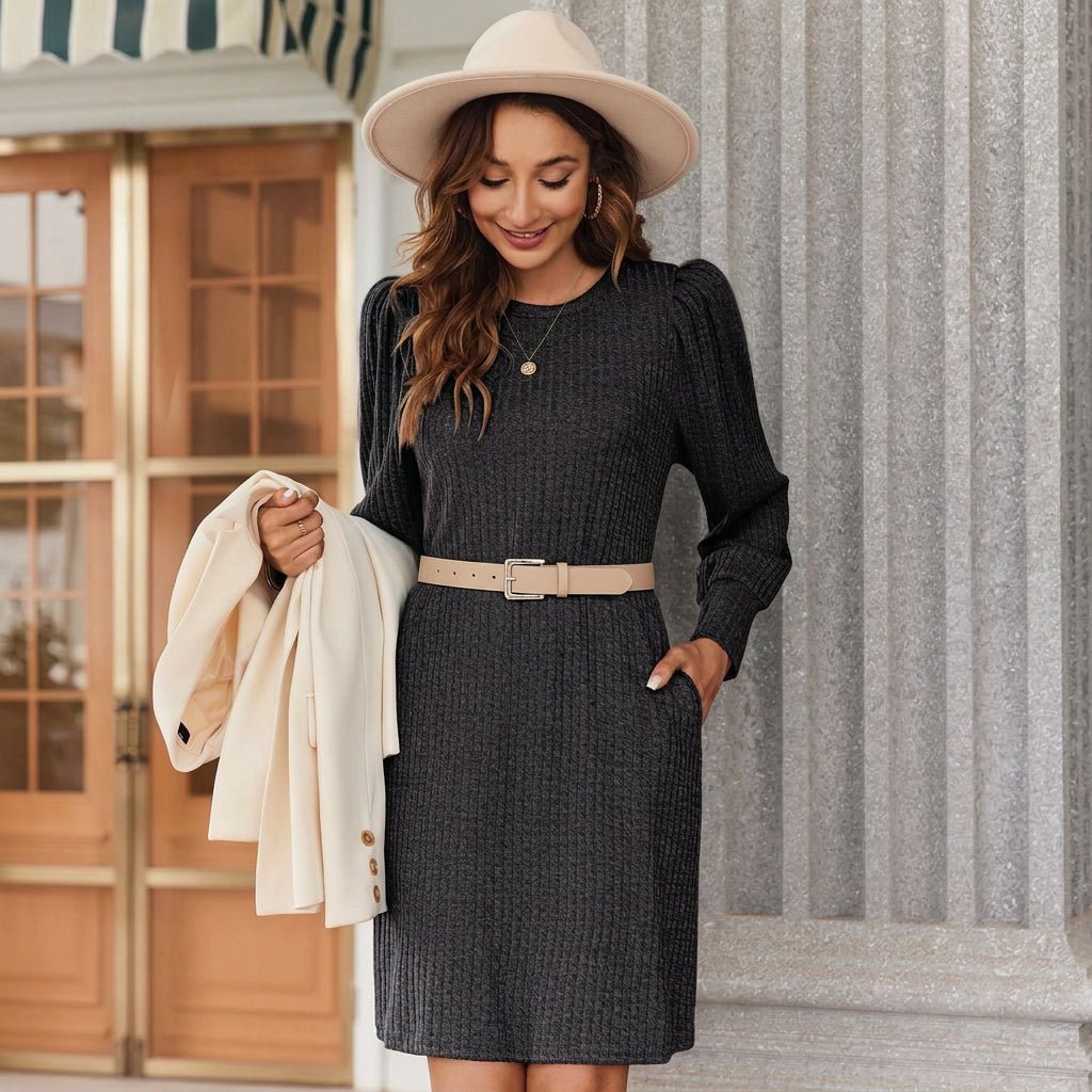 Abigayle | Vestido de punto acanalado con mangas abullonadas para mujer, ideal para el invierno